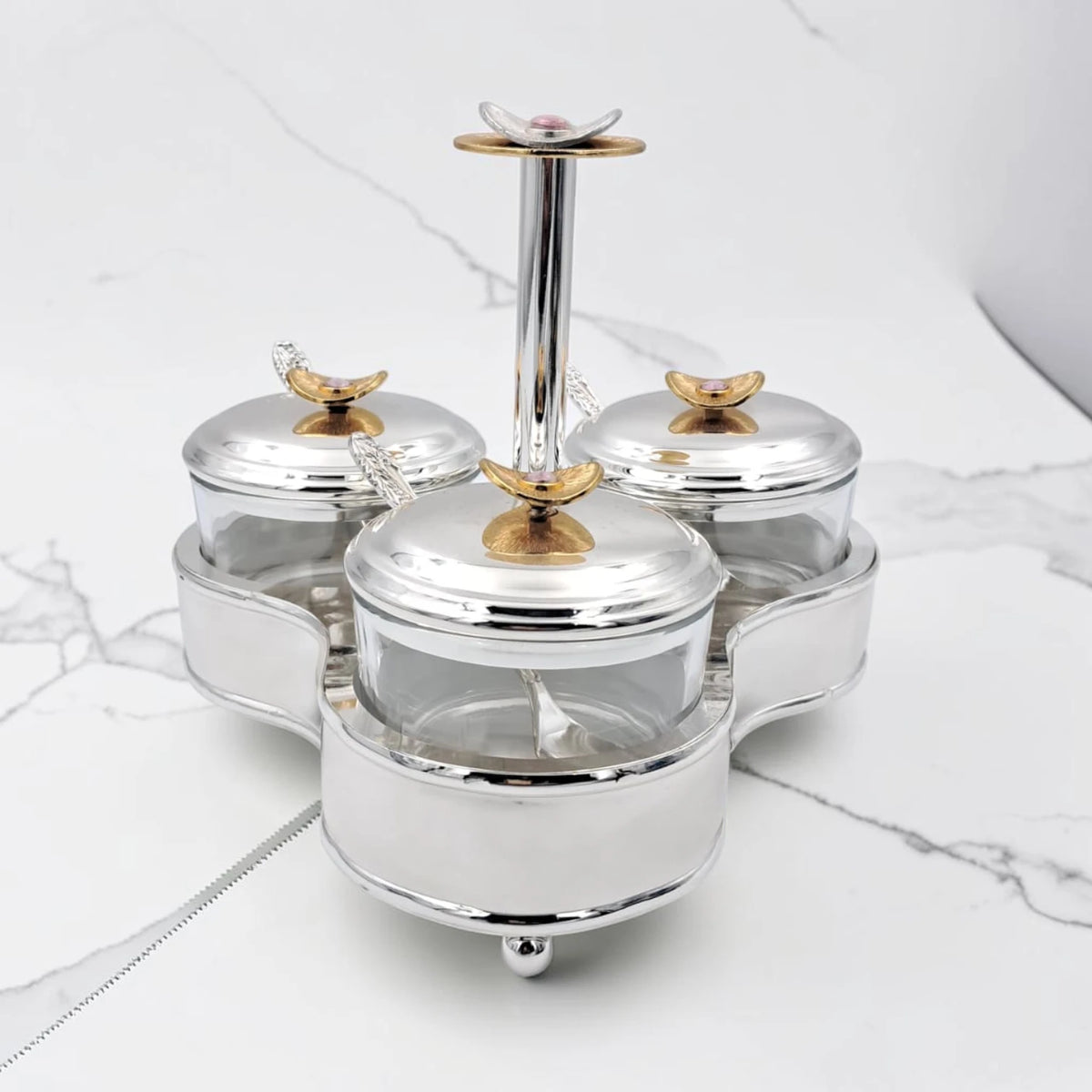 Luxury 3 Jar Condiment Server Set with Stand and Spoons, Glass Spice Storage Containers with Lids, Decorative Sugar Candy Nut Serving Organizer Holder (H(19cm) x W(22cm) x L(22cm) x cap(8cm)) - Damoo