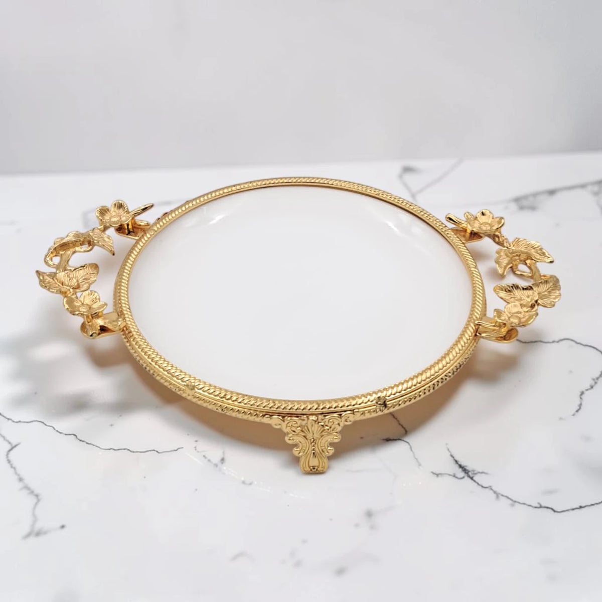 Luxury Round Decorative Serving Tray with Floral Handles and Raised Feet, Elegant Display Tray for Desserts Snacks Candles Coffee Table Décor (H(4cm) x W(22cm) x L(30cm)) - Damoo