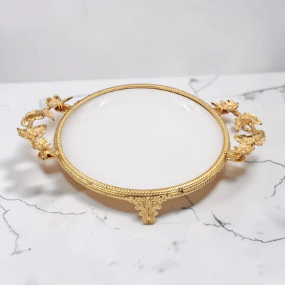 Luxury Round Decorative Serving Tray with Floral Handles and Raised Feet, Elegant Display Tray for Desserts Snacks Candles Coffee Table Décor (H(4cm) x W(22cm) x L(30cm)) - Damoo