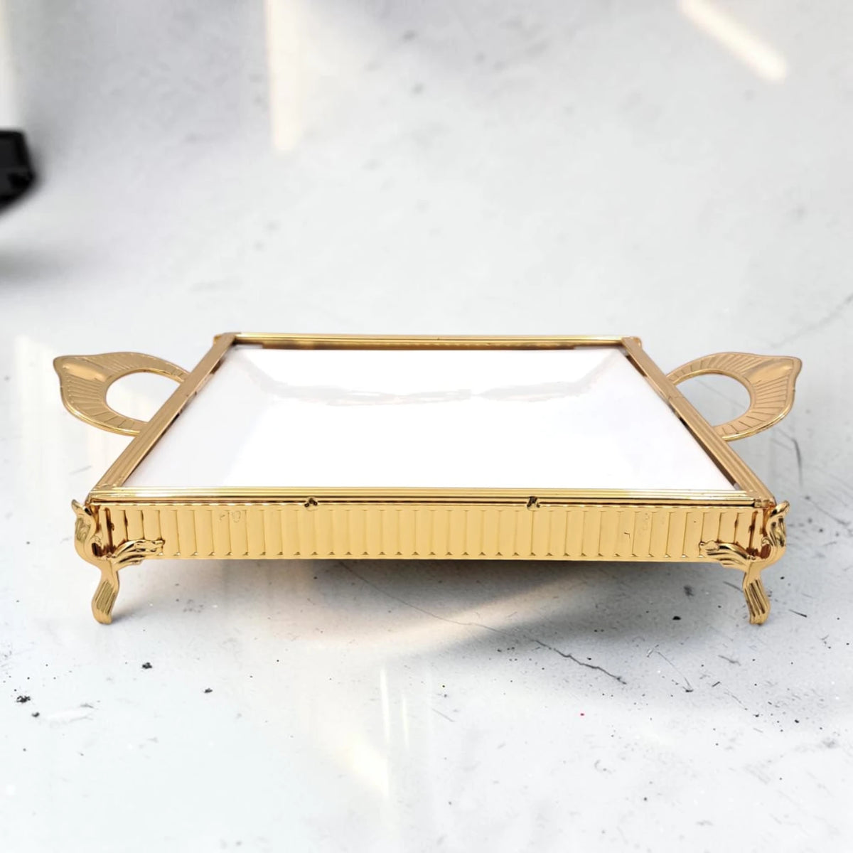 Luxury Rectangular Decorative Serving Tray with Handles and Raised Feet, Elegant Display Tray for Desserts Snacks Coffee Table Décor (H(7.5cm) x W(28cm) x L(39cm)) - Damoo