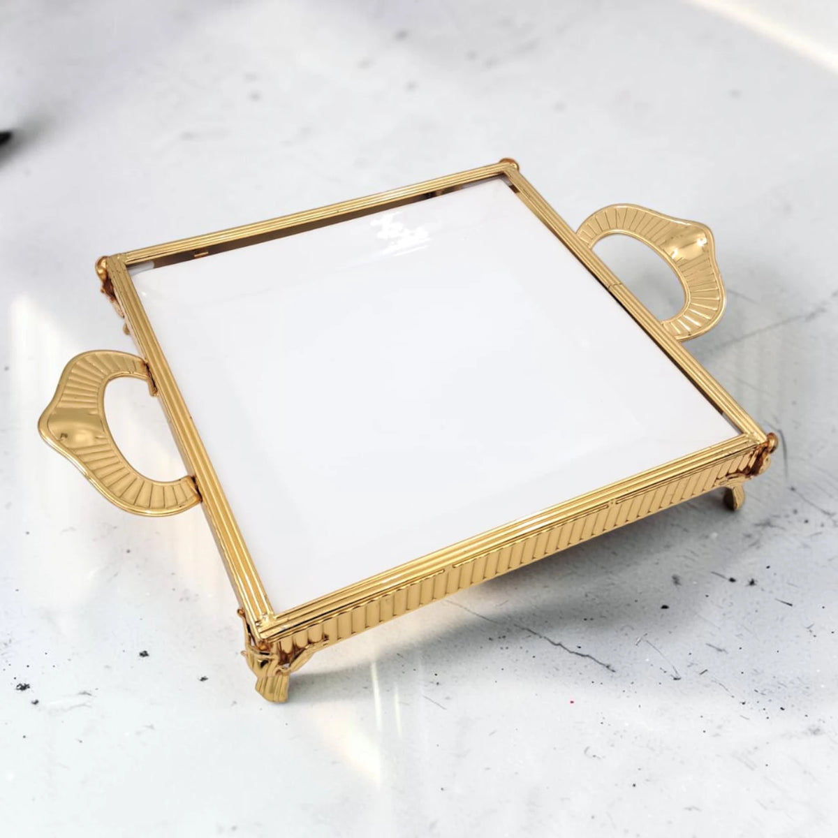 Luxury Rectangular Decorative Serving Tray with Handles and Raised Feet, Elegant Display Tray for Desserts Snacks Coffee Table Décor (H(7.5cm) x W(28cm) x L(39cm)) - Damoo