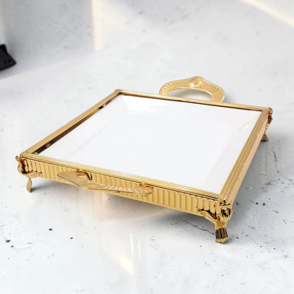 Luxury Rectangular Decorative Serving Tray with Handles and Raised Feet, Elegant Display Tray for Desserts Snacks Coffee Table Décor (H(7.5cm) x W(28cm) x L(39cm)) - Damoo