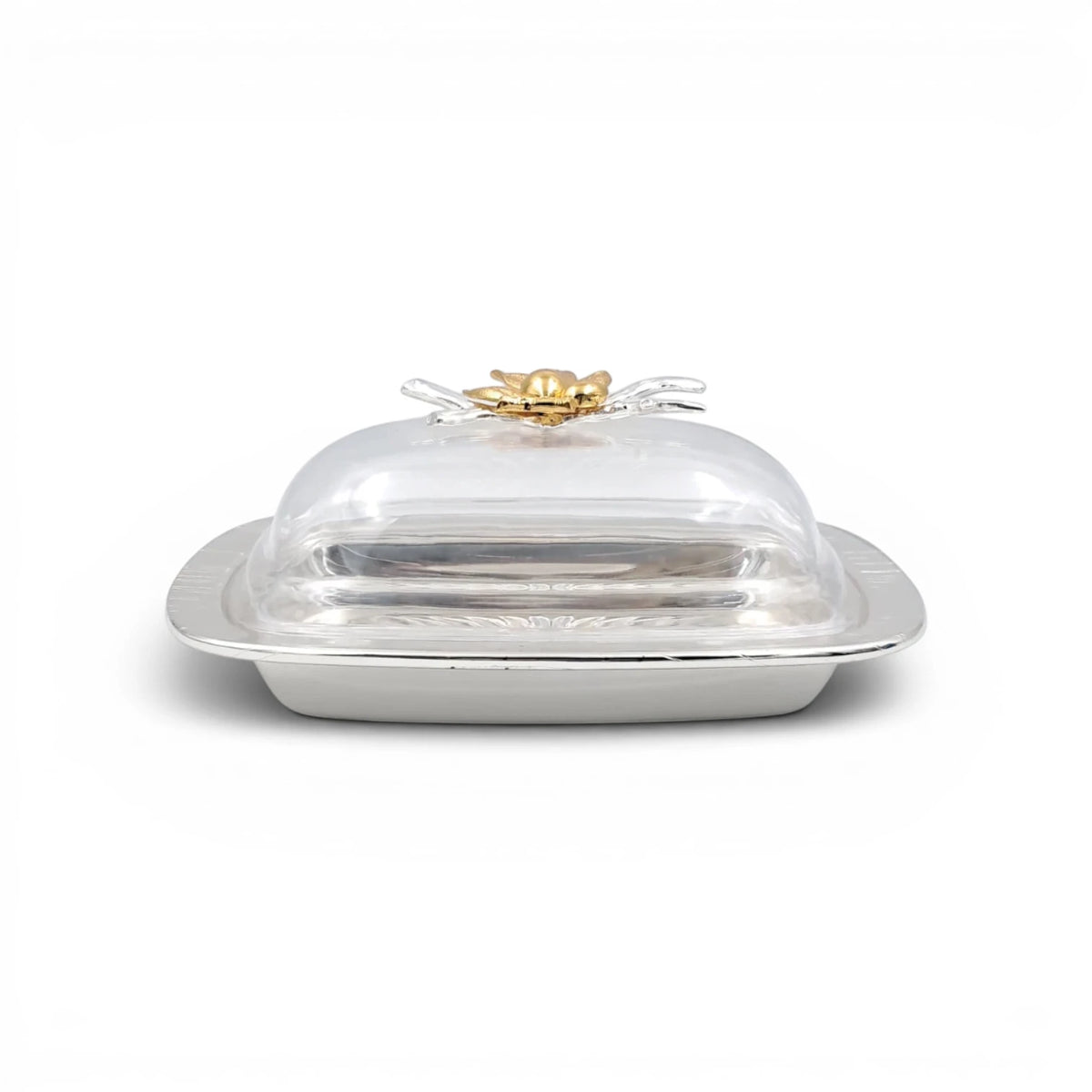 Elegant Butter Dish with Clear Lid & Gold Floral Handle – Premium Serving Tray for Butter, Cheese & Desserts (19 x 13 x 9 cm) - Damoo