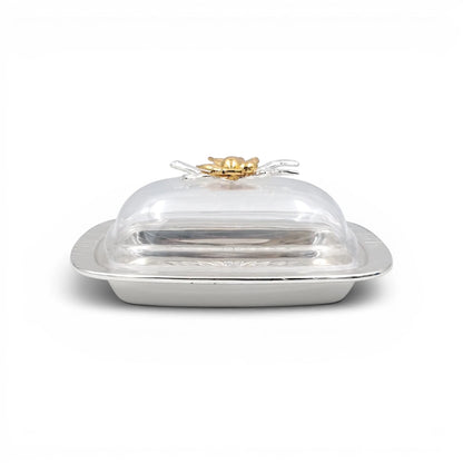 Elegant Butter Dish with Clear Lid & Gold Floral Handle – Premium Serving Tray for Butter, Cheese & Desserts (19 x 13 x 9 cm) - Damoo