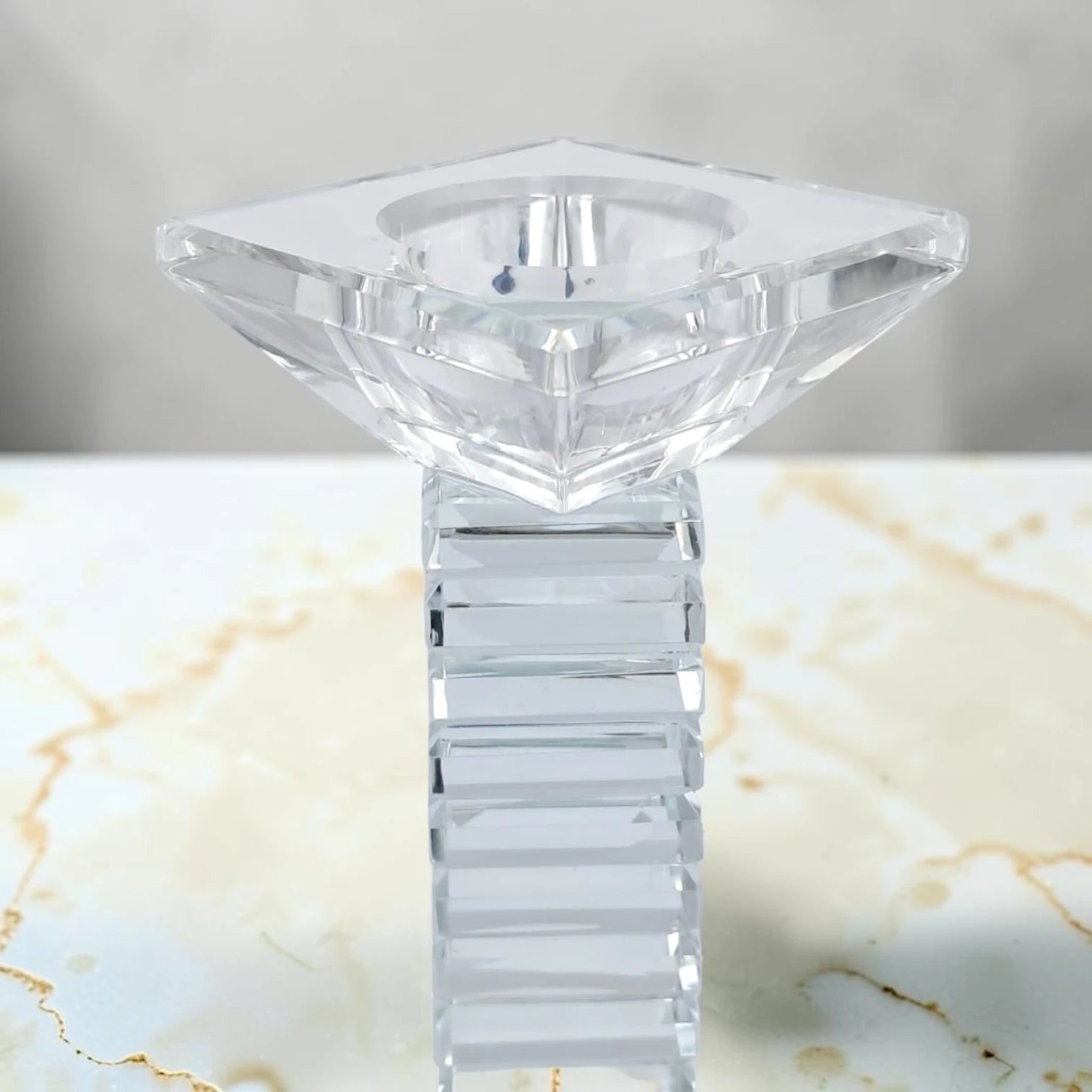 Modern Crystal Glass Candle Holder Set, Geometric Square Taper Candlestick Stand Decorative Centerpiece for Dining Table Wedding Home Décor, Available in 3 Sizes (22H x 7L × 7W CM) - Damoo