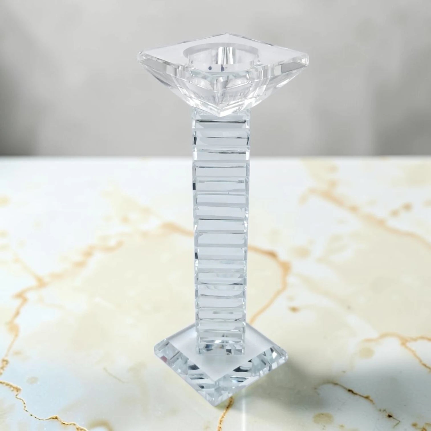 Modern Crystal Glass Candle Holder Set, Geometric Square Taper Candlestick Stand Decorative Centerpiece for Dining Table Wedding Home Décor, Available in 3 Sizes (22H x 7L × 7W CM) - Damoo