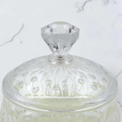 Crystal Glass Candy Jar with Lid, Decorative Storage Bowl with Diamond Cut Design for Sweets, Dates & Snacks (12H x 10.5L × 10.5W CM) - Damoo
