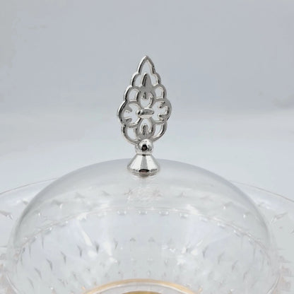 Fursan Elegant Acrylic Serving Bowl with Lid and Gold Base, Decorative Candy & Dessert Dish with Cover, Premium Table Centerpiece (18H x 19.5L × 19.5W CM) - Damoo