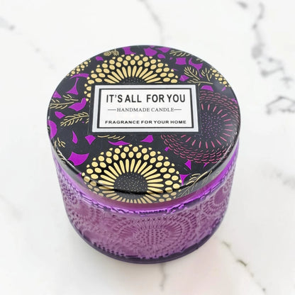 Decorative Glass Jar Scented Candle with Metal Lid, Textured Design Aromatherapy Candle for Home Décor & Relaxation (5H x 7L × 7W CM) - Damoo