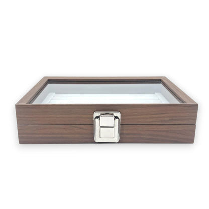 Wooden Eyewear Storage Box with Transparent Glass Lid – Multi Slot Sunglasses Organizer Case with Soft Interior & Secure Lock (5H x 16L × 16W CM) - Damoo