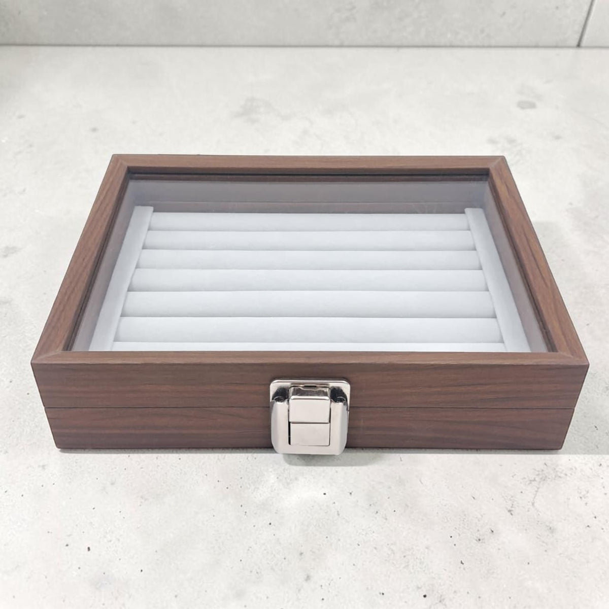 Wooden Eyewear Storage Box with Transparent Glass Lid – Multi Slot Sunglasses Organizer Case with Soft Interior & Secure Lock (5H x 16L × 16W CM) - Damoo