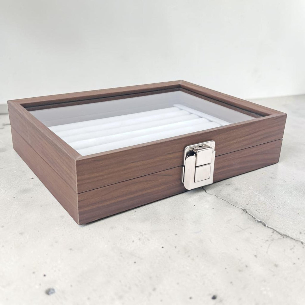 Wooden Eyewear Storage Box with Transparent Glass Lid – Multi Slot Sunglasses Organizer Case with Soft Interior & Secure Lock (5H x 16L × 16W CM) - Damoo