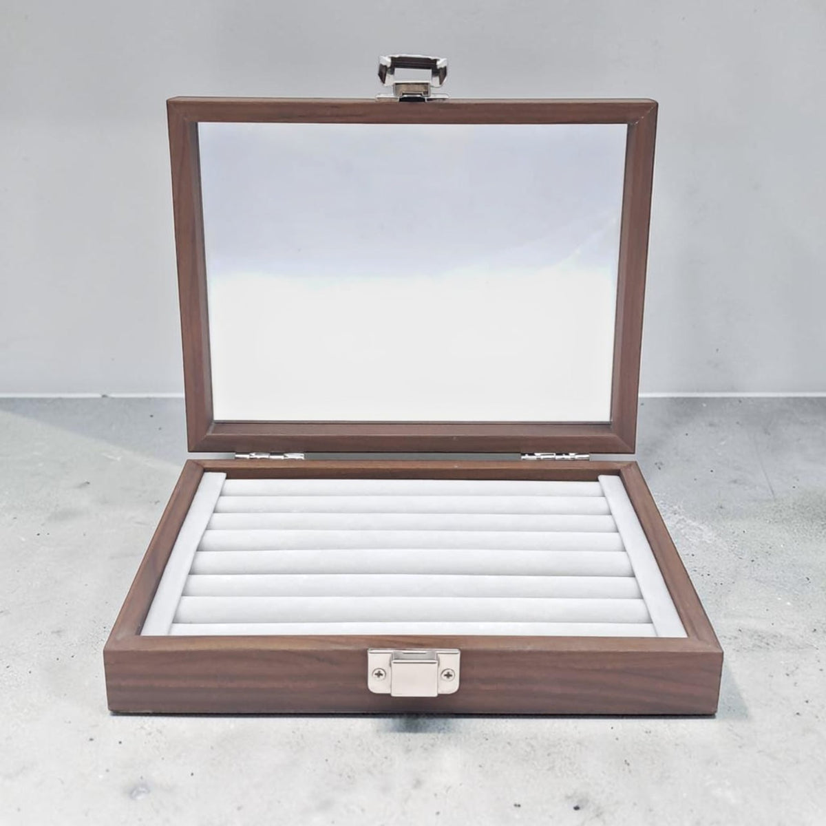 Wooden Eyewear Storage Box with Transparent Glass Lid – Multi Slot Sunglasses Organizer Case with Soft Interior & Secure Lock (5H x 16L × 16W CM) - Damoo