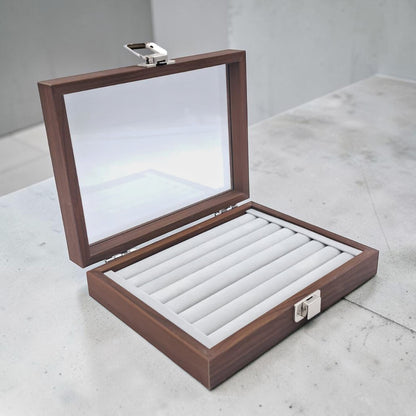 Wooden Eyewear Storage Box with Transparent Glass Lid – Multi Slot Sunglasses Organizer Case with Soft Interior & Secure Lock (5H x 16L × 16W CM) - Damoo