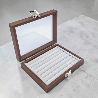 Wooden Eyewear Storage Box with Transparent Glass Lid – Multi Slot Sunglasses Organizer Case with Soft Interior & Secure Lock (5H x 16L × 16W CM) - Damoo