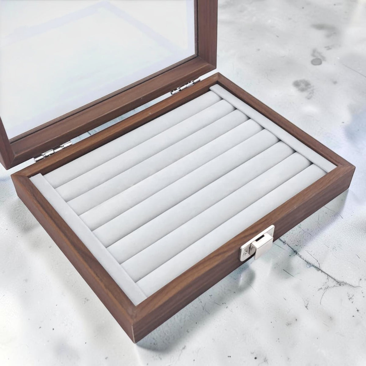 Wooden Eyewear Storage Box with Transparent Glass Lid – Multi Slot Sunglasses Organizer Case with Soft Interior & Secure Lock (5H x 16L × 16W CM) - Damoo