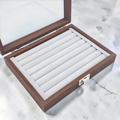 Wooden Eyewear Storage Box with Transparent Glass Lid – Multi Slot Sunglasses Organizer Case with Soft Interior & Secure Lock (5H x 16L × 16W CM) - Damoo