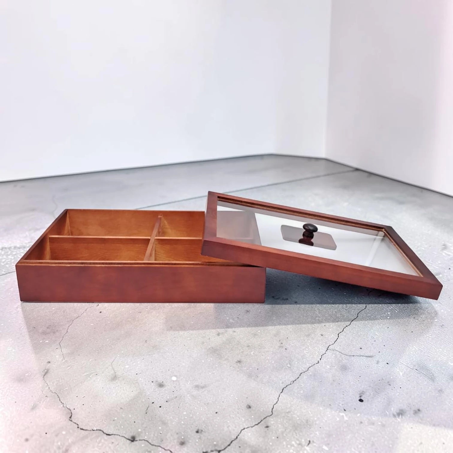 Wooden Storage Organizer Box with Transparent Glass Lid – Multi Compartment Display Case for Jewelry, Accessories, Tea Bags & Small Essentials (9H x 38L × 26W CM) - Damoo