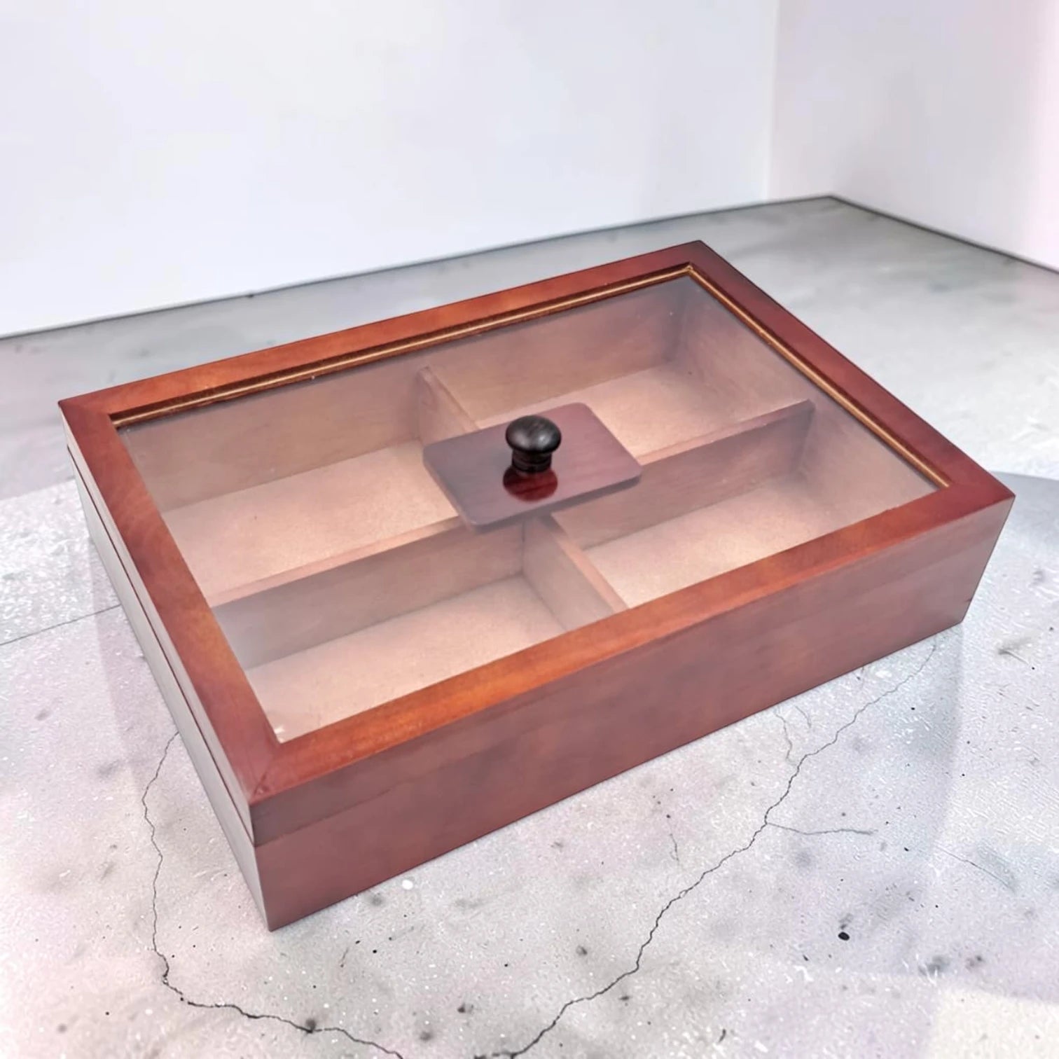 Wooden Storage Organizer Box with Transparent Glass Lid – Multi Compartment Display Case for Jewelry, Accessories, Tea Bags & Small Essentials (9H x 38L × 26W CM) - Damoo