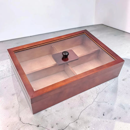 Wooden Storage Organizer Box with Transparent Glass Lid – Multi Compartment Display Case for Jewelry, Accessories, Tea Bags & Small Essentials (9H x 38L × 26W CM) - Damoo