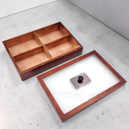 Wooden Storage Organizer Box with Transparent Glass Lid – Multi Compartment Display Case for Jewelry, Accessories, Tea Bags & Small Essentials (9H x 38L × 26W CM) - Damoo