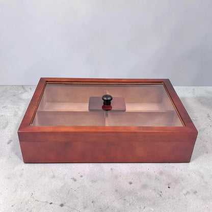 Wooden Storage Organizer Box with Transparent Glass Lid – Multi Compartment Display Case for Jewelry, Accessories, Tea Bags & Small Essentials (9H x 38L × 26W CM) - Damoo