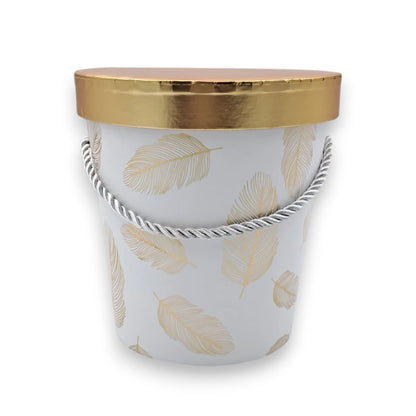 Round Floral Gift Storage Box with Lid and Rope Handle – Decorative Feather Pattern Gift Box for Flowers, Hampers, Chocolates & Special Occasions - Damoo