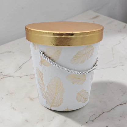 Round Floral Gift Storage Box with Lid and Rope Handle – Decorative Feather Pattern Gift Box for Flowers, Hampers, Chocolates & Special Occasions - Damoo