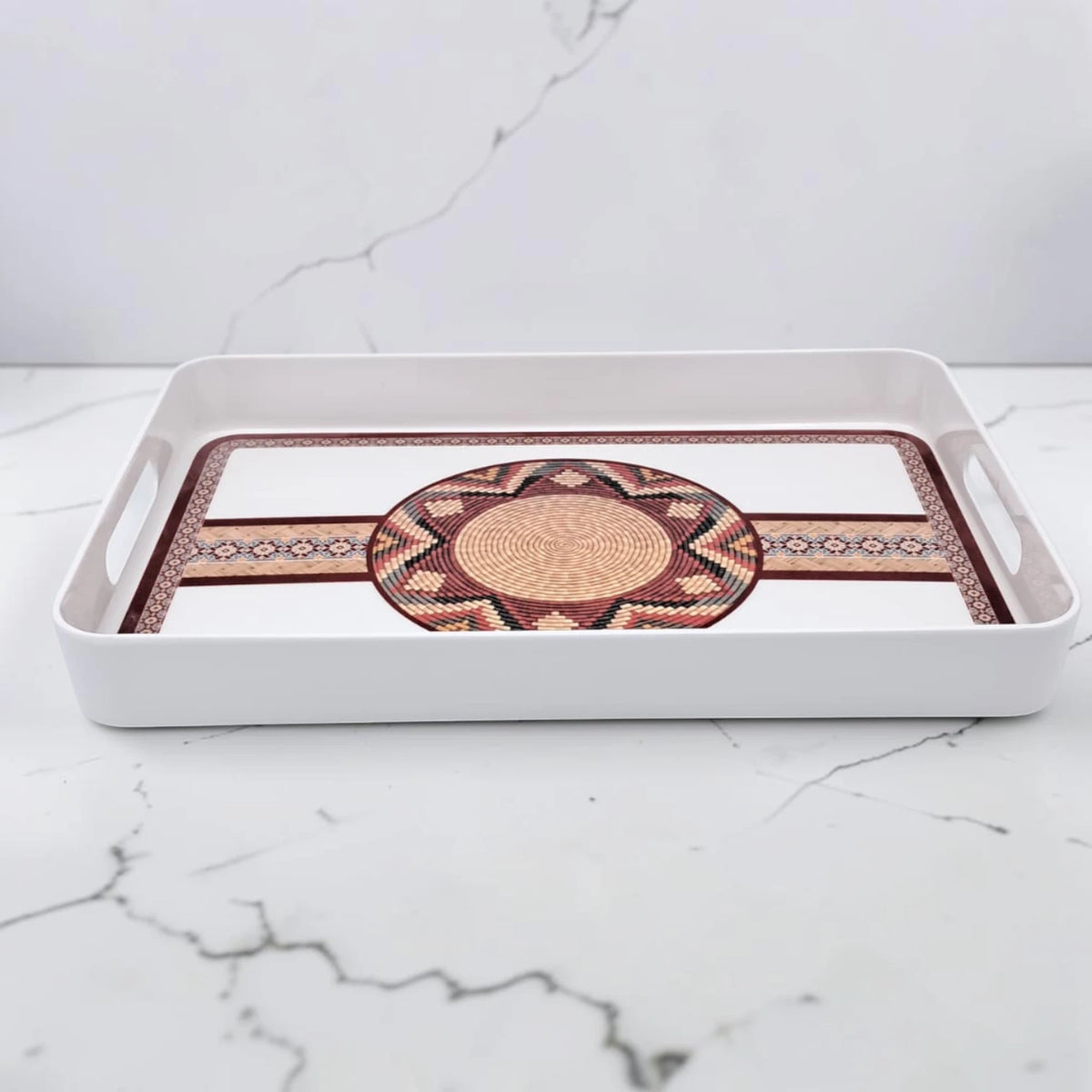Traditional Arabic Pattern Serving Tray with Built-In Handles – Rectangular Decorative Serving Tray for Tea, Coffee, Snacks & Home Décor (5H x 43L x 29W CM)