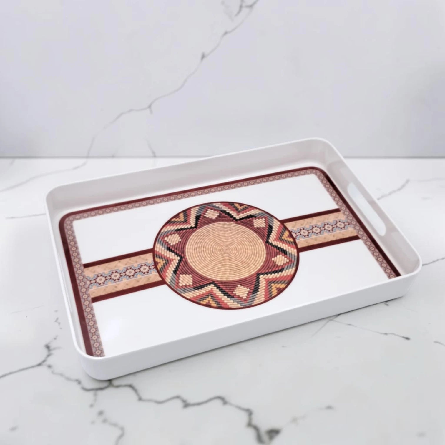 Traditional Arabic Pattern Serving Tray with Built-In Handles – Rectangular Decorative Serving Tray for Tea, Coffee, Snacks & Home Décor (5H x 43L x 29W CM)