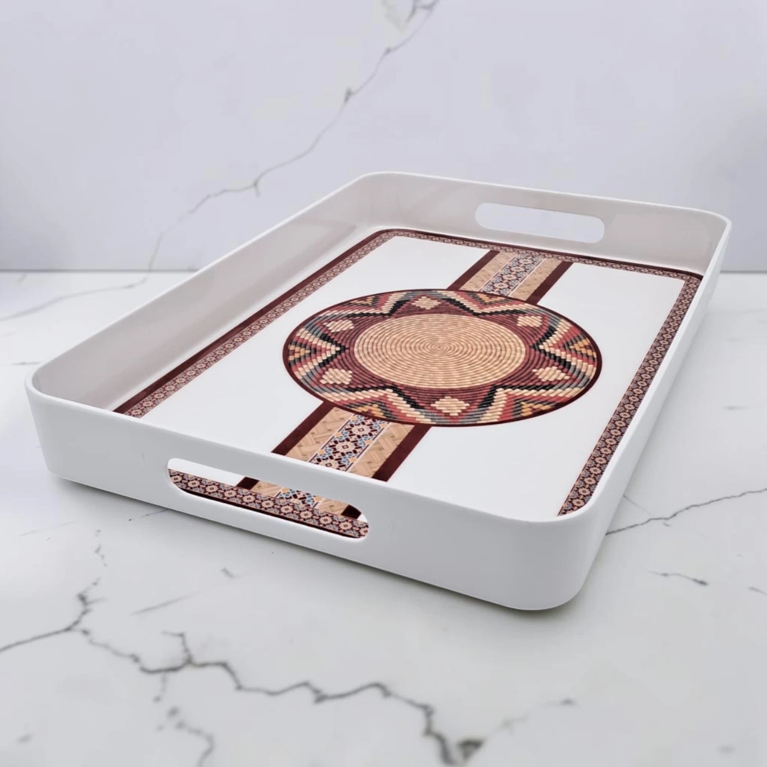 Traditional Arabic Pattern Serving Tray with Built-In Handles – Rectangular Decorative Serving Tray for Tea, Coffee, Snacks & Home Décor (5H x 43L x 29W CM)