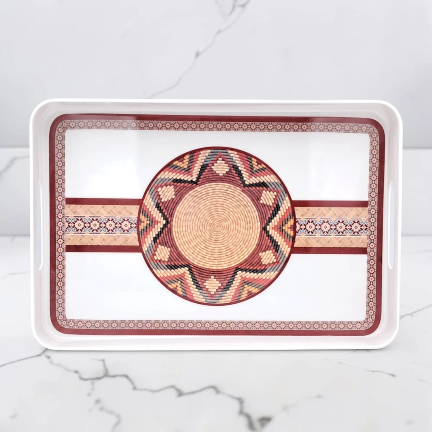 Traditional Arabic Pattern Serving Tray with Built-In Handles – Rectangular Decorative Serving Tray for Tea, Coffee, Snacks & Home Décor (5H x 43L x 29W CM)