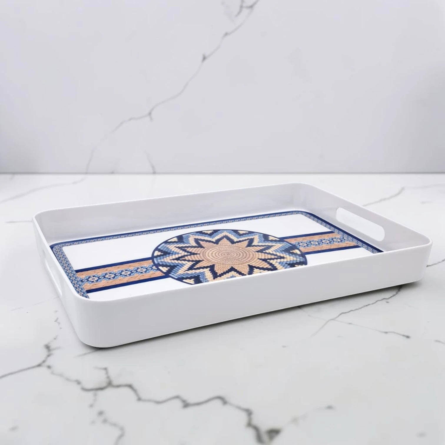 Traditional Arabic Pattern Serving Tray with Built-In Handles – Rectangular Decorative Serving Tray for Tea, Coffee, Snacks & Home Décor (5H x 43L x 29W CM)