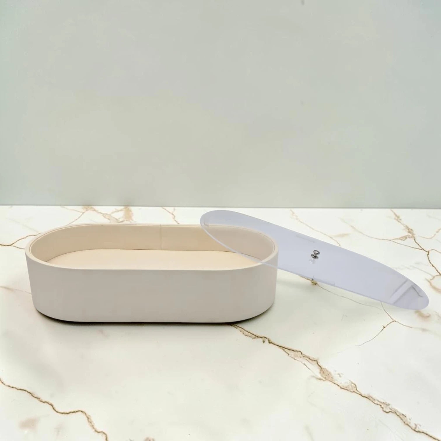 Modern Oval Storage Tray with Clear Acrylic Lid and Knob Handle – Multi-Purpose Countertop Organizer for Kitchen, Bathroom, Vanity & Home Storage (8H x 35L × 18W CM)