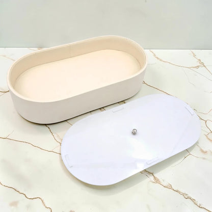 Modern Oval Storage Tray with Clear Acrylic Lid and Knob Handle – Multi-Purpose Countertop Organizer for Kitchen, Bathroom, Vanity & Home Storage (8H x 35L × 18W CM)