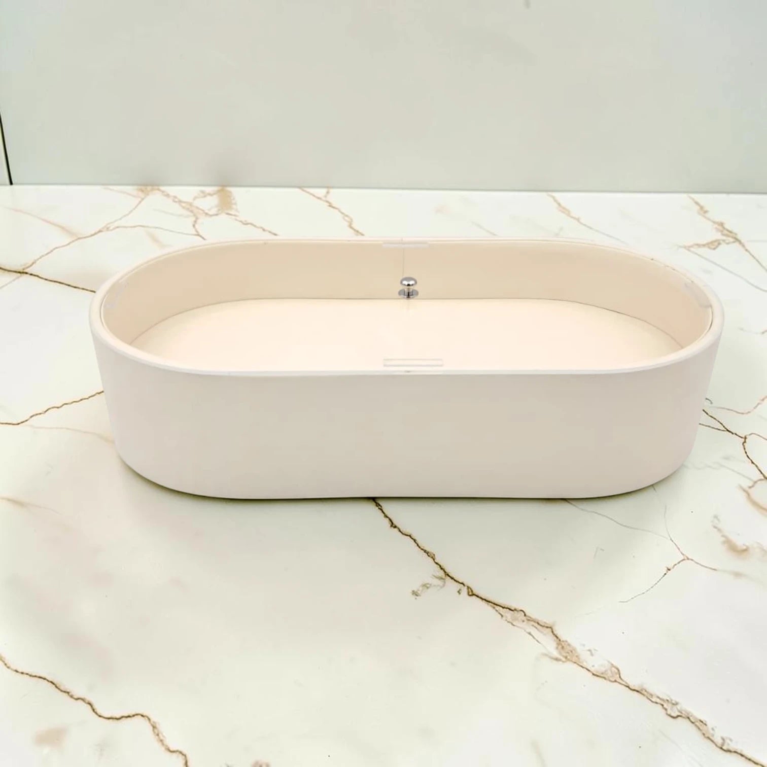 Modern Oval Storage Tray with Clear Acrylic Lid and Knob Handle – Multi-Purpose Countertop Organizer for Kitchen, Bathroom, Vanity & Home Storage (8H x 35L × 18W CM)