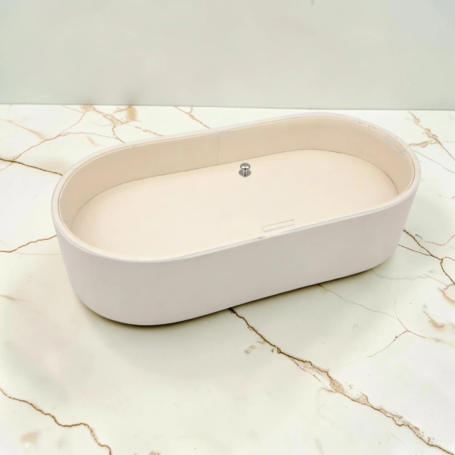 Modern Oval Storage Tray with Clear Acrylic Lid and Knob Handle – Multi-Purpose Countertop Organizer for Kitchen, Bathroom, Vanity & Home Storage (8H x 35L × 18W CM)