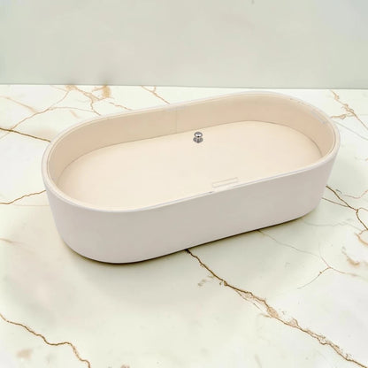 Modern Oval Storage Tray with Clear Acrylic Lid and Knob Handle – Multi-Purpose Countertop Organizer for Kitchen, Bathroom, Vanity & Home Storage (8H x 35L × 18W CM)