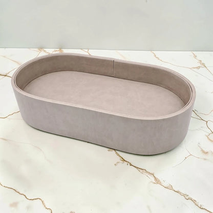 Modern Oval Storage Tray with Clear Acrylic Lid and Knob Handle – Multi-Purpose Countertop Organizer for Kitchen, Bathroom, Vanity & Home Storage (8H x 35L × 18W CM)