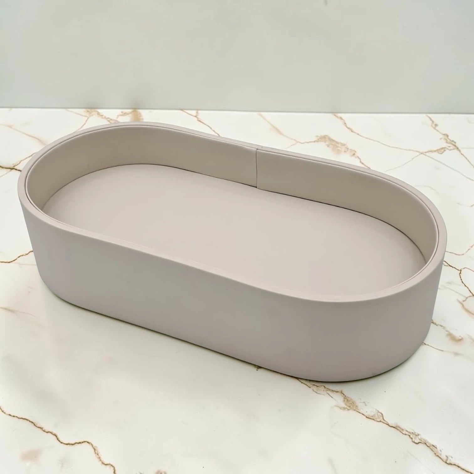 Modern Oval Storage Tray with Clear Acrylic Lid and Knob Handle – Multi-Purpose Countertop Organizer for Kitchen, Bathroom, Vanity & Home Storage (8H x 35L × 18W CM)