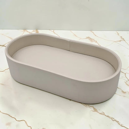 Modern Oval Storage Tray with Clear Acrylic Lid and Knob Handle – Multi-Purpose Countertop Organizer for Kitchen, Bathroom, Vanity & Home Storage (8H x 35L × 18W CM)