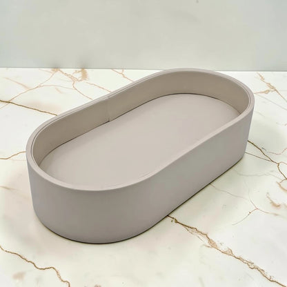 Modern Oval Storage Tray with Clear Acrylic Lid and Knob Handle – Multi-Purpose Countertop Organizer for Kitchen, Bathroom, Vanity & Home Storage (8H x 35L × 18W CM)