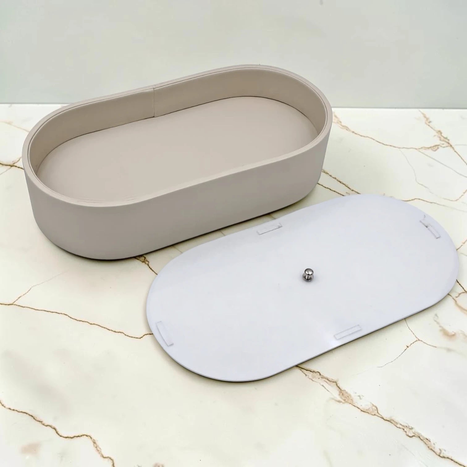 Modern Oval Storage Tray with Clear Acrylic Lid and Knob Handle – Multi-Purpose Countertop Organizer for Kitchen, Bathroom, Vanity & Home Storage (8H x 35L × 18W CM)