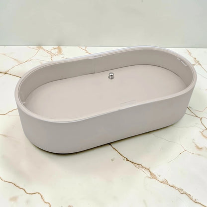 Modern Oval Storage Tray with Clear Acrylic Lid and Knob Handle – Multi-Purpose Countertop Organizer for Kitchen, Bathroom, Vanity & Home Storage (8H x 35L × 18W CM)