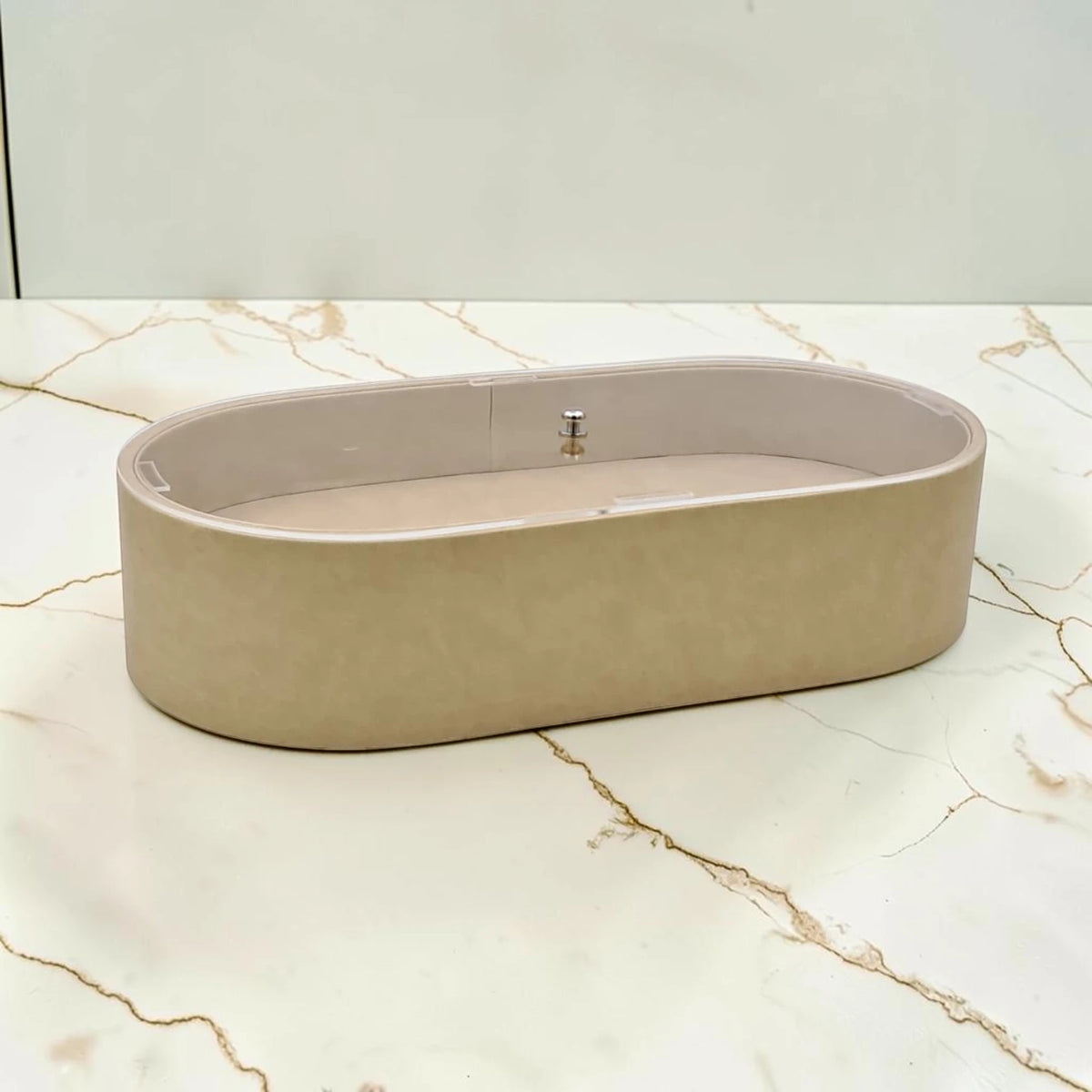 Modern Oval Storage Tray with Clear Acrylic Lid and Knob Handle – Multi-Purpose Countertop Organizer for Kitchen, Bathroom, Vanity & Home Storage (8H x 35L × 18W CM)