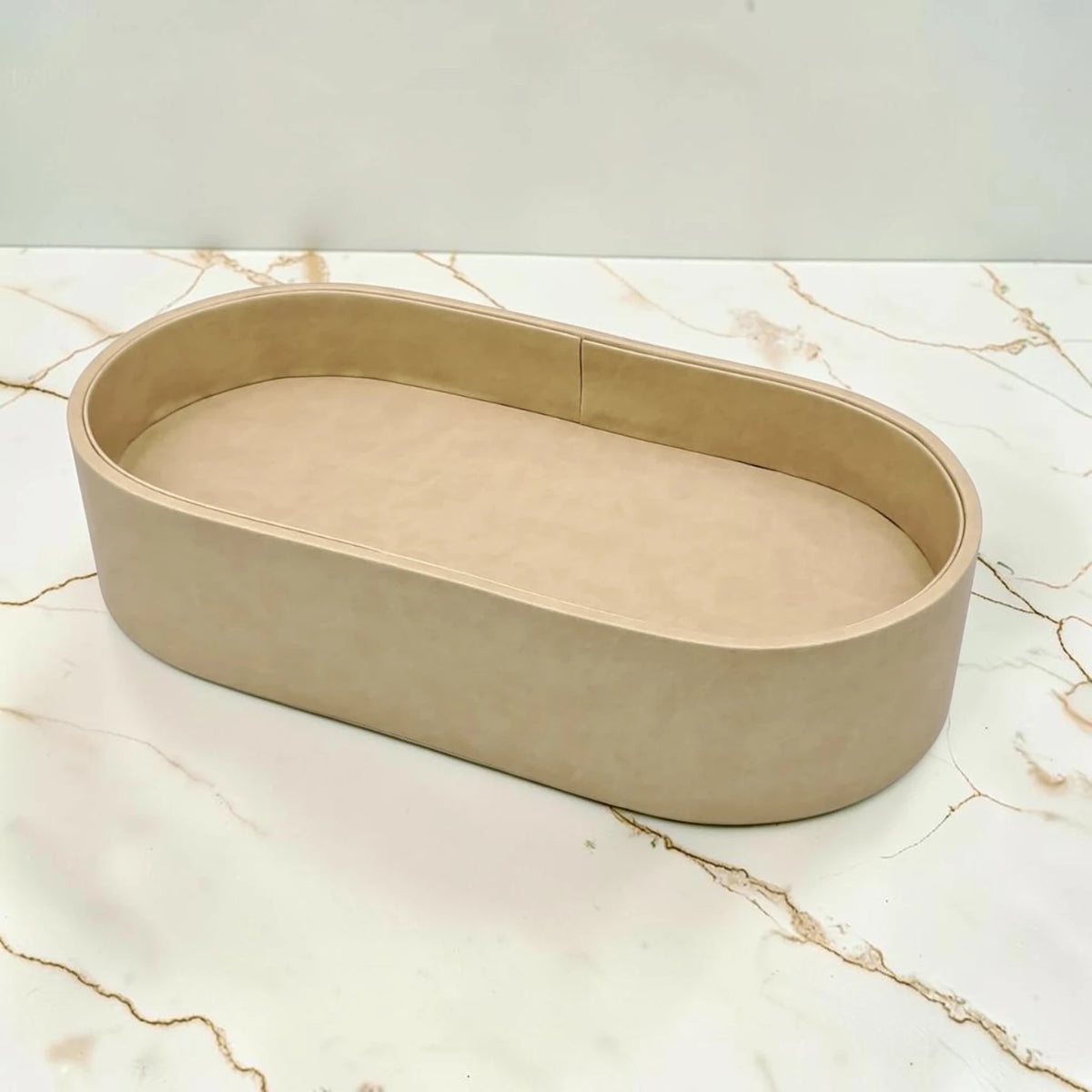 Modern Oval Storage Tray with Clear Acrylic Lid and Knob Handle – Multi-Purpose Countertop Organizer for Kitchen, Bathroom, Vanity & Home Storage (8H x 35L × 18W CM)