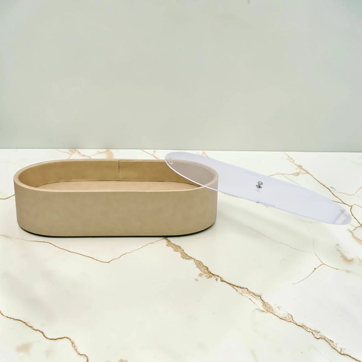Modern Oval Storage Tray with Clear Acrylic Lid and Knob Handle – Multi-Purpose Countertop Organizer for Kitchen, Bathroom, Vanity & Home Storage (8H x 35L × 18W CM)