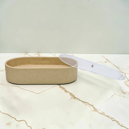 Modern Oval Storage Tray with Clear Acrylic Lid and Knob Handle – Multi-Purpose Countertop Organizer for Kitchen, Bathroom, Vanity & Home Storage (8H x 35L × 18W CM)