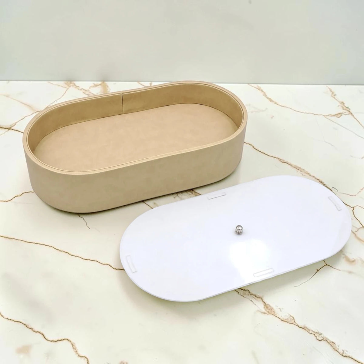 Modern Oval Storage Tray with Clear Acrylic Lid and Knob Handle – Multi-Purpose Countertop Organizer for Kitchen, Bathroom, Vanity & Home Storage (8H x 35L × 18W CM)