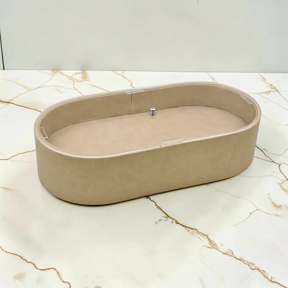 Modern Oval Storage Tray with Clear Acrylic Lid and Knob Handle – Multi-Purpose Countertop Organizer for Kitchen, Bathroom, Vanity & Home Storage (8H x 35L × 18W CM)